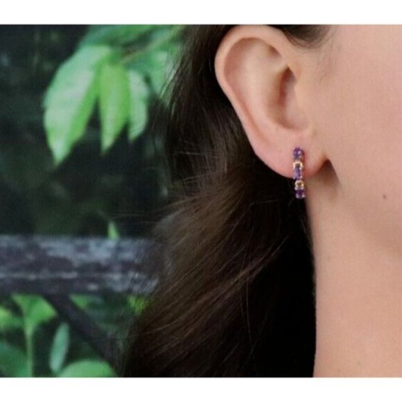 10k Yellow Gold Natural Amethyst Earrings Half Hoop - Picture 2 of 8